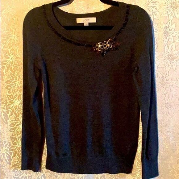 Loft beaded embellished neck fine gauge sweater - Picture 2 of 7